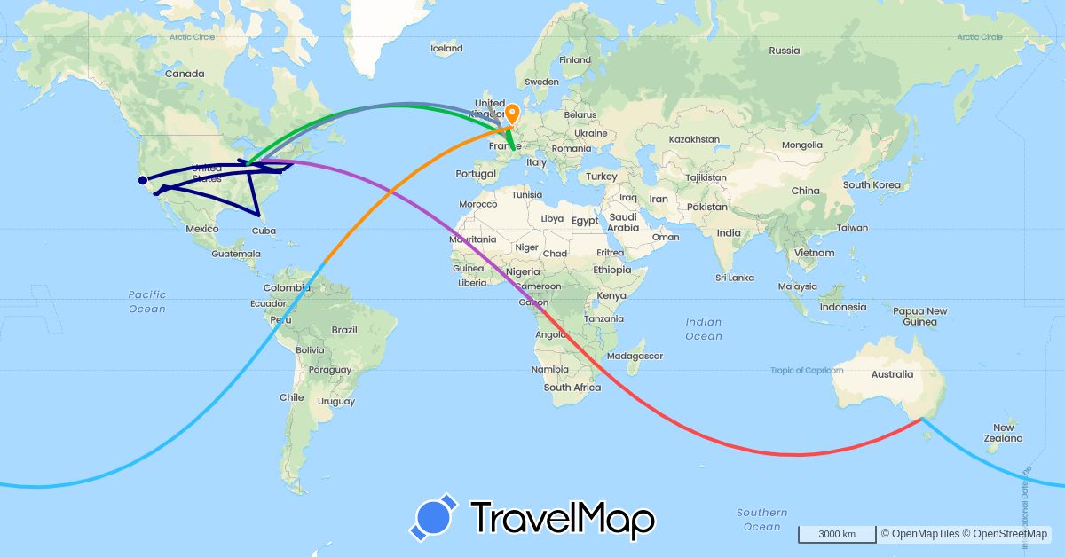 TravelMap itinerary: driving, bus, plane, cycling, train, hiking, boat, hitchhiking in Australia, Barbados, Belgium, Canada, Democratic Republic of the Congo, France, United Kingdom, United States (Africa, Europe, North America, Oceania)