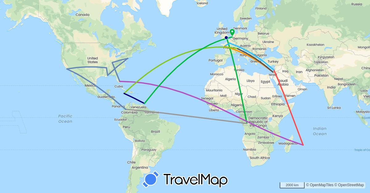 TravelMap itinerary: driving, bus, plane, cycling, train, hiking, boat, hitchhiking, motorbike, electric vehicle in Democratic Republic of the Congo, Switzerland, Colombia, France, United Kingdom, Israel, Jamaica, Lebanon, Mauritius, Netherlands, Trinidad and Tobago, United States (Africa, Asia, Europe, North America, South America)
