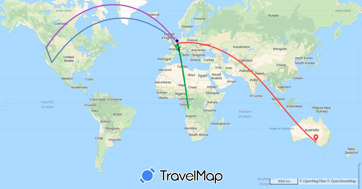 TravelMap itinerary: driving, bus, plane, cycling, train, hiking in Australia, Belgium, Democratic Republic of the Congo, France, United Kingdom, Netherlands, United States (Africa, Europe, North America, Oceania)