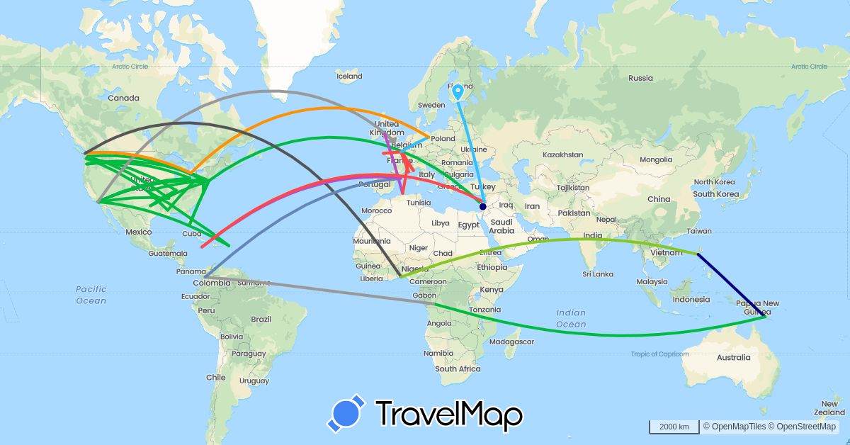 TravelMap itinerary: driving, bus, plane, cycling, train, hiking, boat, hitchhiking, motorbike, electric vehicle in Benin, Canada, Democratic Republic of the Congo, Colombia, Germany, Algeria, Spain, Finland, France, United Kingdom, Israel, Jamaica, Lebanon, Papua New Guinea, Philippines, United States (Africa, Asia, Europe, North America, Oceania, South America)